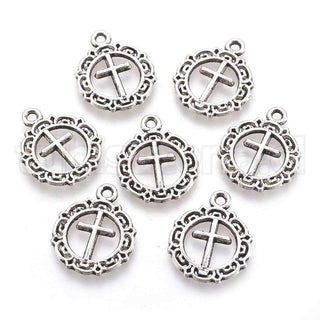 Colgante de aleación, plano y redondo, cruces, 20x16x1mm.