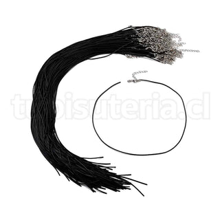 Cordón de caucho negro para hacer collares, con fornituras y cadena de hierro, 18". 10 unidades