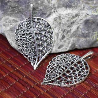 Dije Hoja Filigrana Tono Plata Envejecida 38x22mm | Pack 2 uds