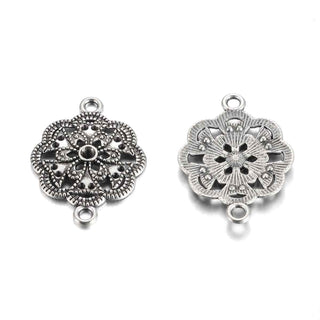 Enlace Floral con Engarces para Rhinestone Aleación Tono Plata Envejecida 30.5x23x3mm | 4 uds
