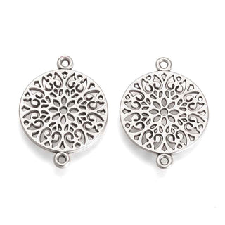 Enlace Mandala Redondo Aleación Tono Plata Envejecida 24x18x1mm | 4 uds