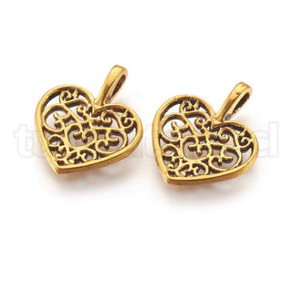 Colgantes de corazón dorado envejecido estilo filigrana, 18x15x2 mm.