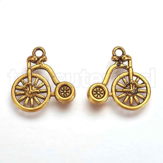 Colgantes de aleación, bicicleta antigua, color oro envejecido, 17x18x3mm.