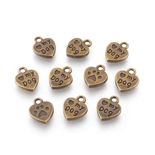 Dije Corazón "Love My Dog" Estilo Tibetano Tono Bronce Envejecido 13x10x3mm | 10 uds