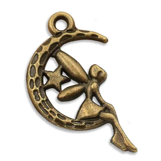 Dije Hada sobre Luna Creciente Tono Bronce Envejecido 25x14x3mm | 5 uds