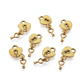 Dije Corazón Candado con Llave Colgante de Aleación Tono Oro Envejecido 13,5x12x2mm | 4 uds