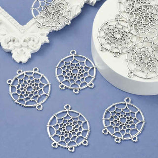 Chandelier Atrapasueños Calado con Flor Central Estilo Boho Aleación Tono Plata Envejecida 34x28x2mm | 2 uds