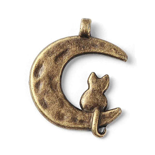 Dije Gato sobre Luna Estilo Tibetano Tono Bronce Envejecido 22x18x2mm | 5 uds