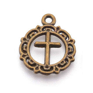 Dije Cruz en Silueta Redonda Tono Bronce Envejecido 20x16x1mm | 10 uds