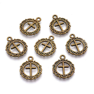 Dije Cruz en Silueta Redonda Tono Bronce Envejecido 20x16x1mm | 10 uds
