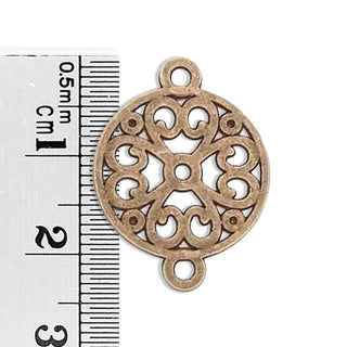 Conector Medallón Circular Calado con Cruz Floral y Volutas Estilo Tibetano Aleación Tono Bronce Envejecido 24x18x1mm | 5 uds