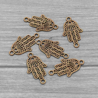 Conector Mano de Fátima Hamsa Calada con Espirales y Rayos Estilo Tibetano Aleación Tono Bronce Envejecido 26x15x1mm | 8 uds