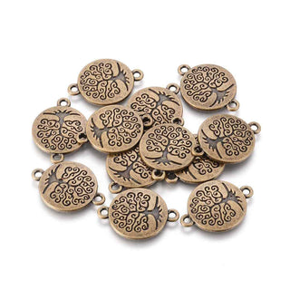 Conector Medallón Circular Árbol de la Vida Grabado en Relieve Aleación Tono Bronce Envejecido 27x19.5x2mm | 3 uds