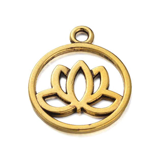 Dije Medallón Flor de Loto de Aleación Estilo Tibetano Tono Oro Envejecido 24x20x1,5mm | 5 uds
