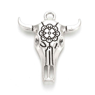 Dije Cabeza de Buey Estilo Tibetano Tono Plata Envejecida 32x26mm | 4 uds