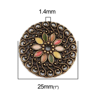 Dije Filigrana Redonda Mandala con Flor Esmaltada Tono Bronce Envejecido 25mm | 3 Colores a Elegir | 1 ud