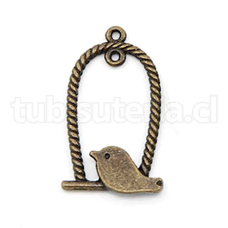 Colgante con conector o enlace de aleación, pajarito posado en jaula, 3 tonos para seleccionar, 32.5x18x1mm.