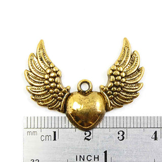 Dije Corazón con Alas de Aleación Tono Oro Envejecido 36x25x4mm | 3 uds