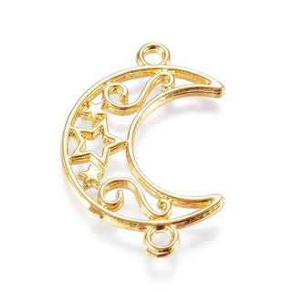 Conector Luna Creciente Calada con Estrellas y Volutas Tono Dorado 21x34x1.5mm | 1 ud
