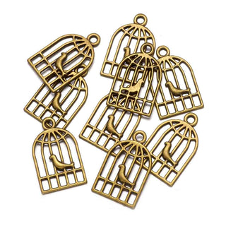 Dije Pajarito en Jaula Tono Bronce Envejecido 19x12x1mm | 8 uds