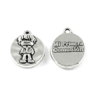 Dije Medalla Ovalada Doble Vista Mi Primera Comunión Niño Tono Plata Envejecida 18x14mm | 5 uds