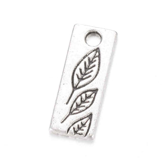 Dije Placa Rectangular con Grabado de Hojas Estilo Tibetano Tono Plata Envejecida 19.5x7.5x1mm | 6 uds