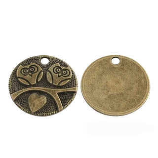 Dije Redondo con Dos Búhos Estilo Tibetano Tono Bronce Envejecido 18mm | 7 uds