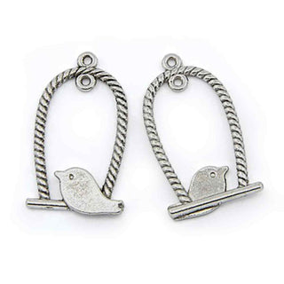 Dije Pajarito en Jaula Calado Tono Plata Envejecida Dorado y Bronce 32.5x18x1mm | 6 uds