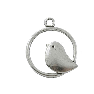 Dije Medalla Redonda con Pajarito Estilo Tibetano de Aleación Tono Plata Envejecida 24x20x2,5mm | 2 uds
