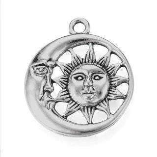 Dije Medalla Sol y Luna con Relieve Estilo Tibetano Tono Plata Envejecida 30x26.5x3mm | 3 uds