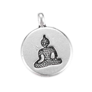 Dije Medalla Buda en Silueta en Bajo Relieve Estilo Tibetano Tono Plata Envejecida 19x15x4.5mm | 4 uds