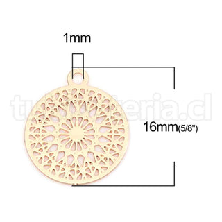 Pequeño colgante de filigrana de latón, color oro, 14x16mm.