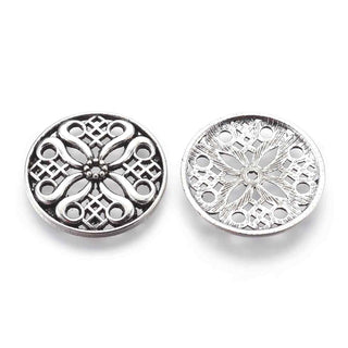 Dije Conector Medalla Mandala Calada en Sobre Relieve Estilo Tibetano Tono Plata Envejecida 24mm | 4 uds