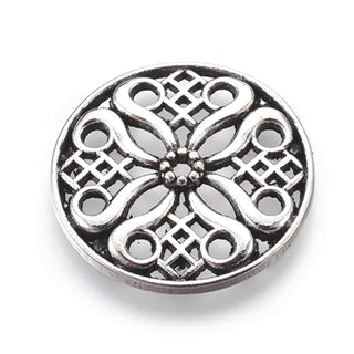 Dije Conector Medalla Mandala Calada en Sobre Relieve Estilo Tibetano Tono Plata Envejecida 24mm | 4 uds