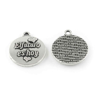 Dije de Medalla Circular con Mensaje Te Quiero Mucho en Relieve Grabado Estilo Afectivo en Tono Plata Envejecida para Bisutería Romántica y Regalos Sentimentales, 19x16 mm - 5 uds