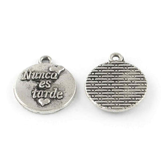 Dije de Medalla Circular con Mensaje Nunca es Tarde en Relieve Grabado Estilo Motivacional en Tono Plata Envejecida para Bisutería con Propósito y Amuletos Hechos a Mano, 19x16 mm - 5 uds