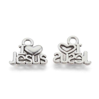 Dije Corazón con Texto I ♥ Jesus en Sobre Relieve Estilo Tibetano Tono Plata Envejecida 13x15mm | 8 uds