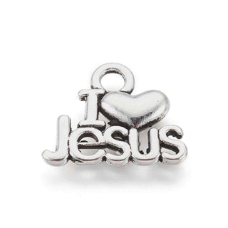 Dije Corazón con Texto I ♥ Jesus en Sobre Relieve Estilo Tibetano Tono Plata Envejecida 13x15mm | 8 uds