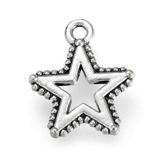 Dije Estrella de 5 Puntas Calada con Borde de Mini Bolitas Estilo Tibetano Tono Plata Envejecida 14x12mm | 15 uds