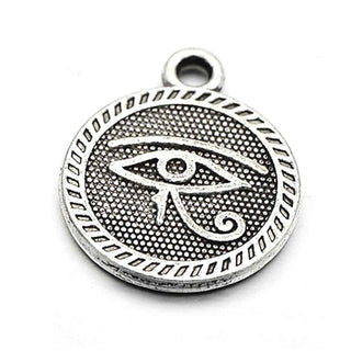 Dije Medalla Redonda Plana con Textura Ojo de Horus Estilo Tibetano Tono Plata Envejecida 27.5x23mm | 3 uds