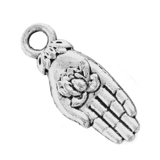 Dije Mano con Gesto Sagrado (Mudra) con Flor de Loto en Relieve Estilo Tibetano Tono Plata Envejecida 18x6.5mm | 11 uds