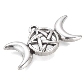 Dije Triple Luna con Pentagrama Wicca Tridimensional Estilo Tibetano Tono Plata Envejecida 16x30mm | 4 uds