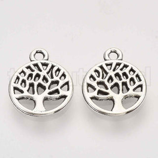 Pequeño colgante de aleación, árbol de la vida, plata envejecida, 13.5x10x1.5 mm.