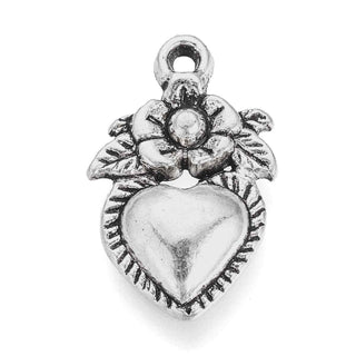 Dije Corazón Calado con Flores Estilo Mexicano en Relieve Tono Plata Envejecida 32.5x10mm | 10 uds