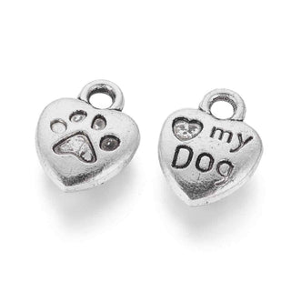 Dije Corazón Amo a mi Perro Estilo Tibetano Tono Plata Envejecida 13x10mm | 10 uds