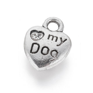 Dije Corazón Amo a mi Perro Estilo Tibetano Tono Plata Envejecida 13x10mm | 10 uds
