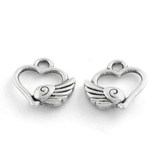 Mini Dije Corazón con Alas de Ángel Tono Plata Envejecida 13x13mm | 14 uds