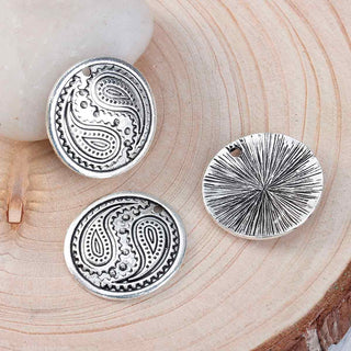 Dije Redondo Cóncavo con Patrón Fractal Geométrico Estilo Tibetano Tono Plata Envejecida 25mm | 1 ud