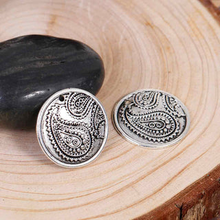 Dije Redondo Cóncavo con Patrón Fractal Geométrico Estilo Tibetano Tono Plata Envejecida 25mm | 1 ud