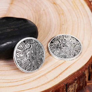 Dije Redondo Cóncavo con Patrón Fractal Geométrico Estilo Tibetano Tono Plata Envejecida 25mm | 1 ud